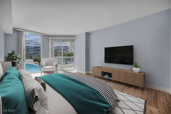 Virtually Staged Bedroom featuring wood finished floors, baseboards, and access to outside | Image 52