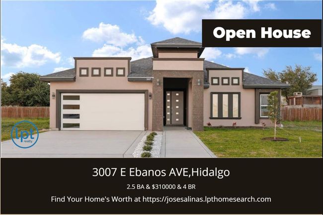 Modern single-story home with clean lines and a spacious driveway. Features include a distinct facade with geometric windows and a two-car garage. Located at 3007 E Ebanos Ave, Hidalgo, offering 4 bedrooms and 2.5 bathrooms. | Image 32