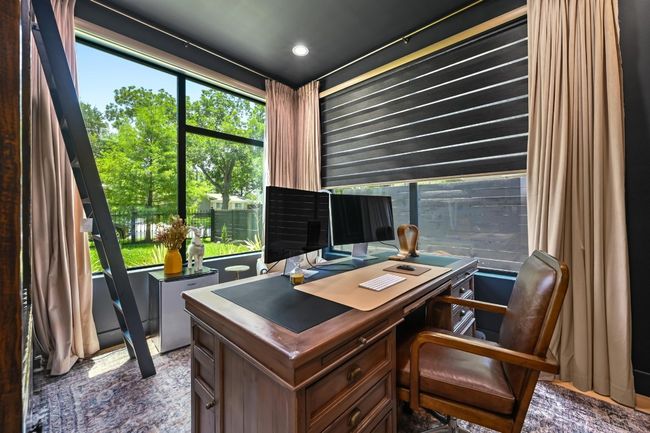 Custom drapery and blinds in the office. Beautiful accent wall behind desk (not pictured). | Image 4