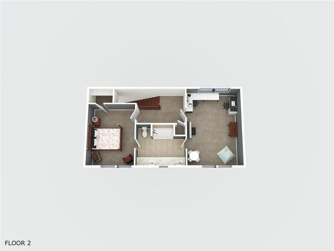 This second-floor plan features a bedroom on the left with a large bed and side tables. The center includes a bathroom accessible from the hallway, and the right side has an open space, possibly a home office or sitting area, with a desk and chair. Stairs are located in the middle, leading to this level. | Image 49