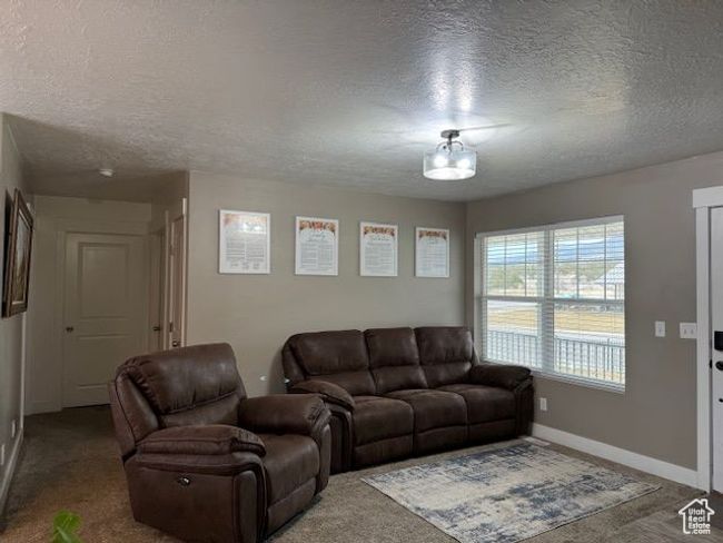Living room featuring carpet, a textured ceiling, and baseboards | Image 9