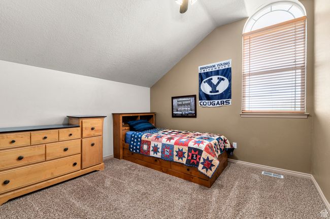 Carpeted bedroom featuring lofted ceiling, baseboards, a textured ceiling, and ceiling fan | Image 16