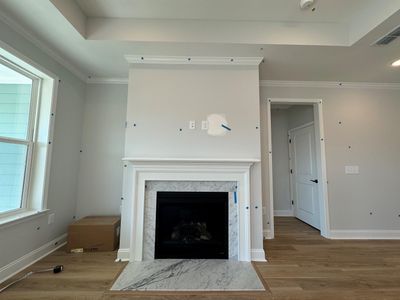 Details featuring a premium fireplace, wood-type flooring, and crown molding | Image 3