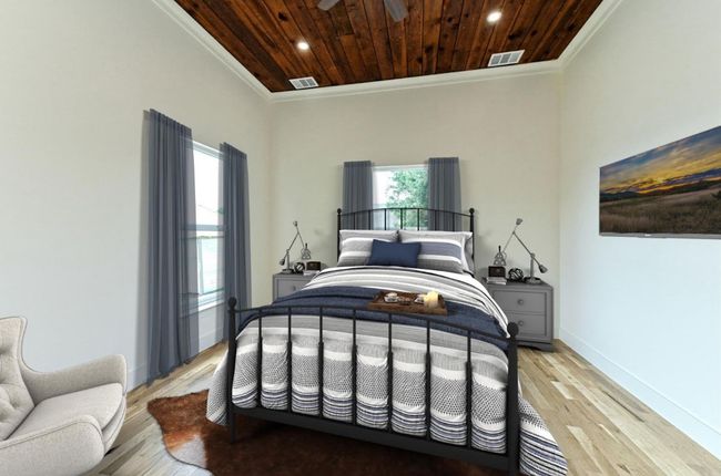 First Bedroom featuring crown molding, light wood-style flooring, wood ceiling, and recessed lighting | Image 27