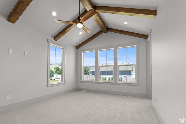 Unfurnished room with recessed lighting, ceiling fan, and light colored carpet | Image 25