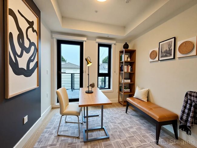 Home office featuring baseboards, light wood-style floors, and a tray ceiling | Image 8