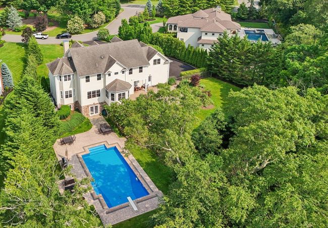 View from above of property with a saltwater in-ground pool & Mature Specimen Plantings | Image 47