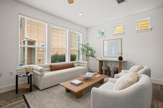 Living area with baseboards, dark wood-style flooring, ceiling fan, and recessed lighting | Image 8