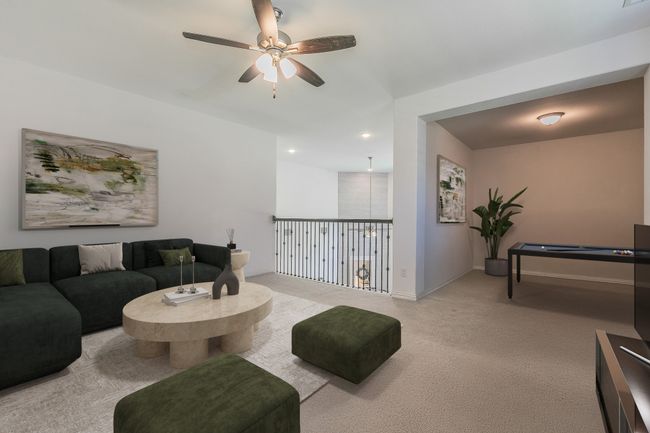 Living area with ceiling fan, carpet floors, and recessed lighting | Image 23