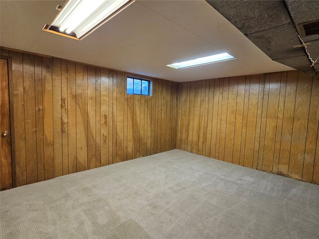 Below grade area with visible vents, wood walls, and carpet flooring | Image 24