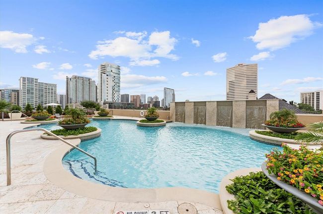 This photo showcases a luxurious rooftop pool with elegant landscaping, set against a backdrop of modern city skyscrapers, offering both relaxation and stunning urban views. | Image 27