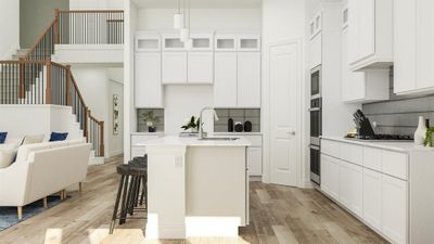 Kitchen with decorative backsplash, light hardwood / wood-style flooring, white cabinets, a center island with sink, and sink | Image 3