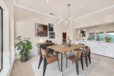 The living room is off of the entry foyer and offers beautiful details including a stone fireplace and built-ins. Virtually staged. | Image 3