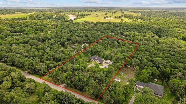 Drone shot revealing the home nestled amid live oaks on a heavily treed 5.3 acre parcel with the lot boundaries. | Image 5