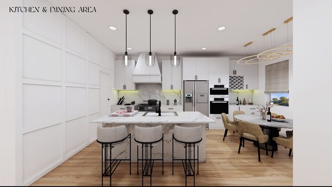 Kitchen with light wood-style floors, refrigerator with ice dispenser, white cabinets, custom exhaust hood, and backsplash | Image 16
