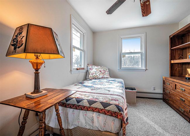 Bedroom with light carpet, ceiling fan, and a baseboard radiator | Image 15