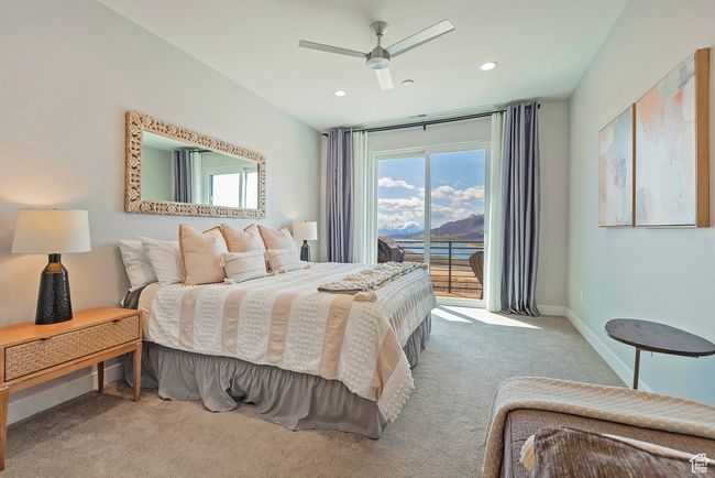 Carpeted master bedroom with baseboards, a ceiling fan, access to exterior, and recessed lighting | Image 13