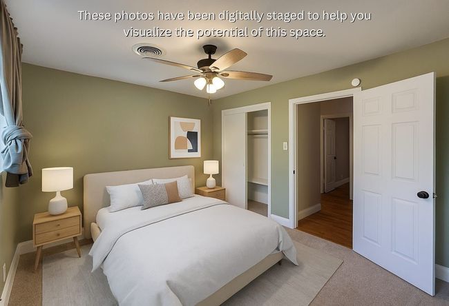 Bedroom featuring a closet, light colored carpet, baseboards, and ceiling fan | Image 19