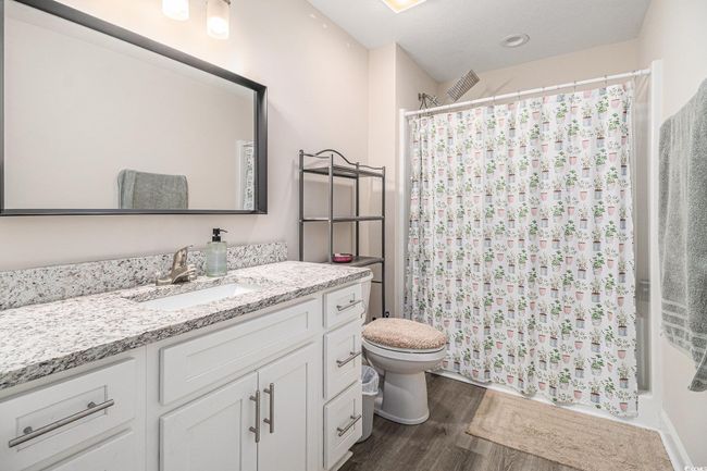 Bathroom with wood finished floors, toilet, a shower with shower curtain, and vanity | Image 14
