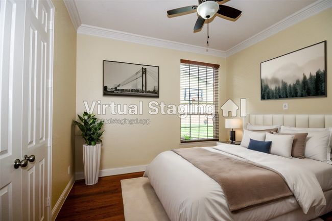 Virtual -Bedroom featuring baseboards, crown molding, dark wood-type flooring, and a ceiling fan | Image 30