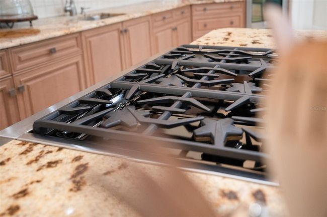 The chef’s kitchen features a high-performance Thermador gas cooktop with heavy-duty grates, ideal for gourmet cooking and everyday meals alike. | Image 8