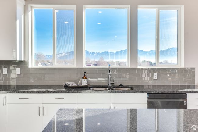 Kitchen featuring a sink, stainless steel dishwasher, white cabinetry, and dark stone countertops | Image 10