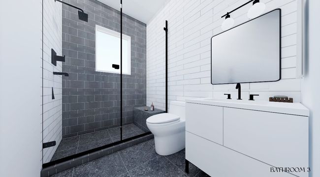 Full bathroom with toilet, tiled shower, granite finish floor, and vanity | Image 7