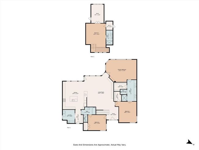 The floor plan of this home highlights a spacious main living area and kitchen with a central island, perfect for both everyday living and entertaining. A unique feature is the dual primary suite layout, connected by a large custom bath that offers comfort and convenience. The front bedroom includes its own private en-suite bath, while the second-floor suite provides an additional bedroom, a flexible sitting area or game room, and a full bath, ideal for guests or extended family. | Image 47