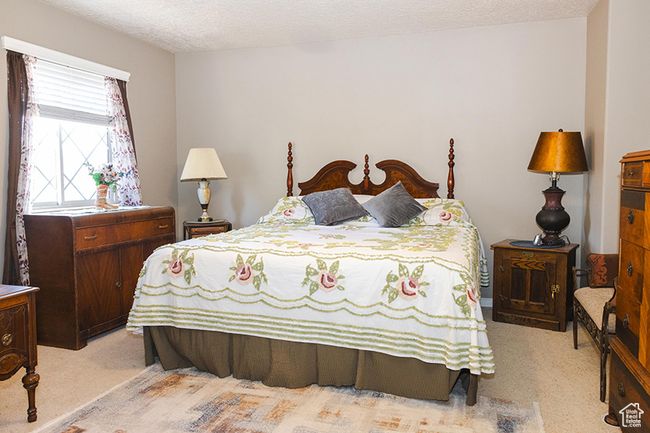 Bedroom featuring light carpet and a textured ceiling | Image 11