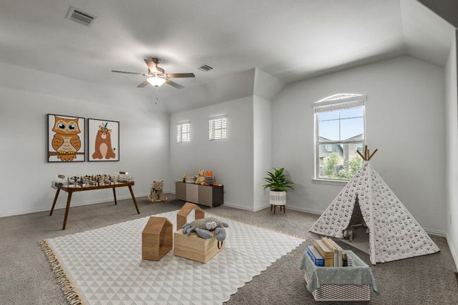 Flex/Game room up loft open to downstairs, carpet, and ceiling fan - storage in attic * this is staged photo showing ideas for the space | Image 26