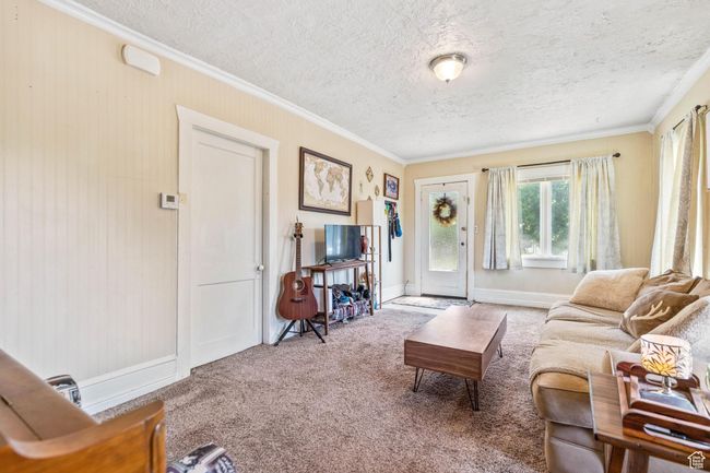 Living room with carpet flooring, crown molding, baseboards, and a textured ceiling | Image 7