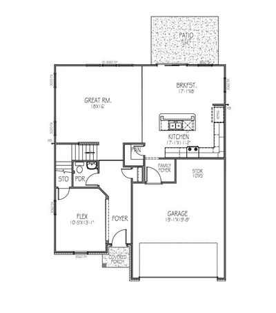 First Floor Plan - Structural options added include: 14x10 uncovered patio, 6' slider at patio, water softener rough-in at laundry room, 9' ceilings on main level, 8' ceilings on upper level, 4th bedroom, and water closet at primary bath | Image 2