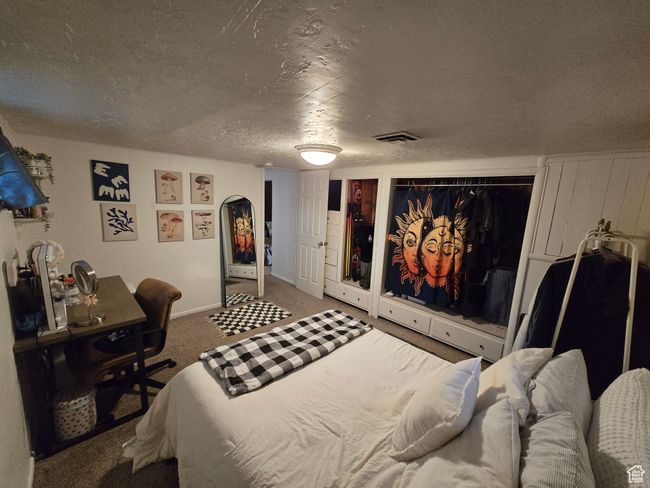 Bedroom with a textured ceiling, visible vents, baseboards, carpet floors, and multiple closets | Image 38