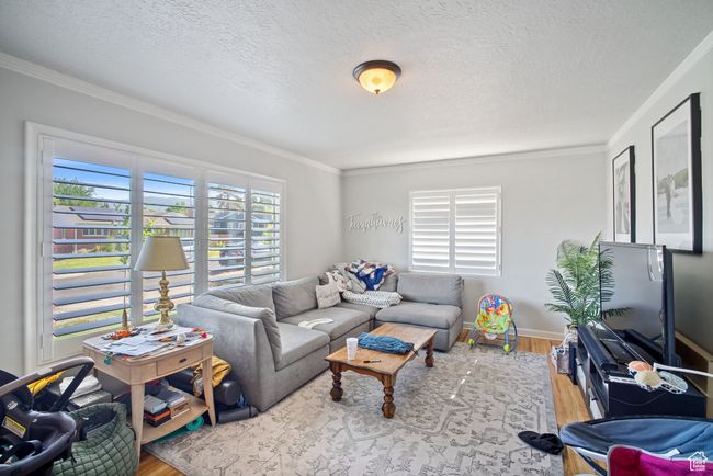 Living area with wood finished floors, ornamental molding, a textured ceiling, and baseboards | Image 7