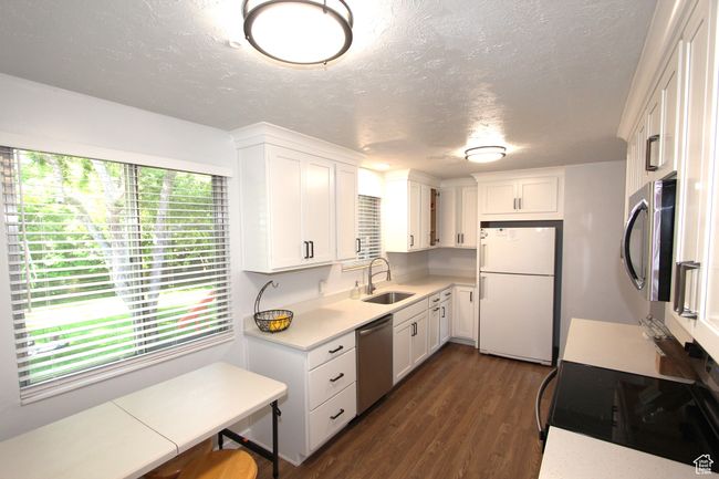 Kitchen featuring stainless steel appliances, light countertops, a textured ceiling, dark wood-style flooring, and white cabinetry | Image 11