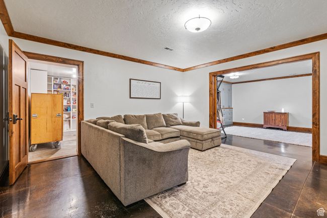 Living room with crown molding and a textured ceiling | Image 39