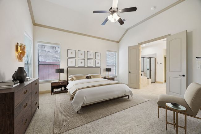 Bedroom featuring multiple windows, light colored carpet, lofted ceiling, ornamental molding, and ceiling fan | Image 8