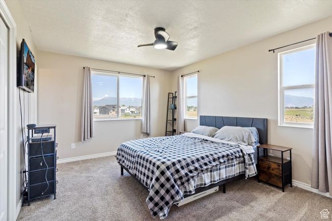 Bedroom featuring carpet floors, baseboards, a textured ceiling, and a ceiling fan | Image 12