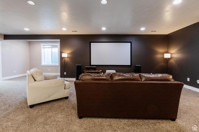Home theater room with light carpet and recessed lighting | Image 27
