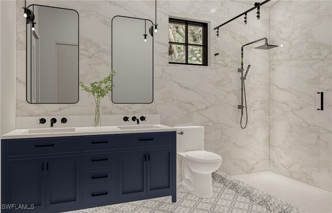 Full bathroom with a sink, toilet, double vanity, and a marble finish shower. Virtual rendering | Image 6