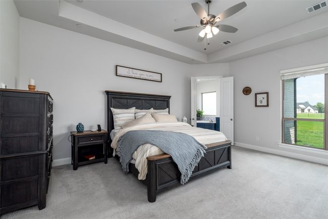 Bedroom featuring light colored carpet, a raised ceiling, and multiple windows | Image 14
