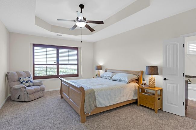 Bedroom featuring a tray ceiling, multiple windows, big window, and light carpet | Image 14