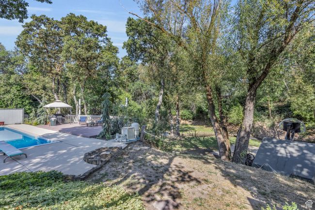 View of yard featuring a wooden deck, diving board. | Image 40