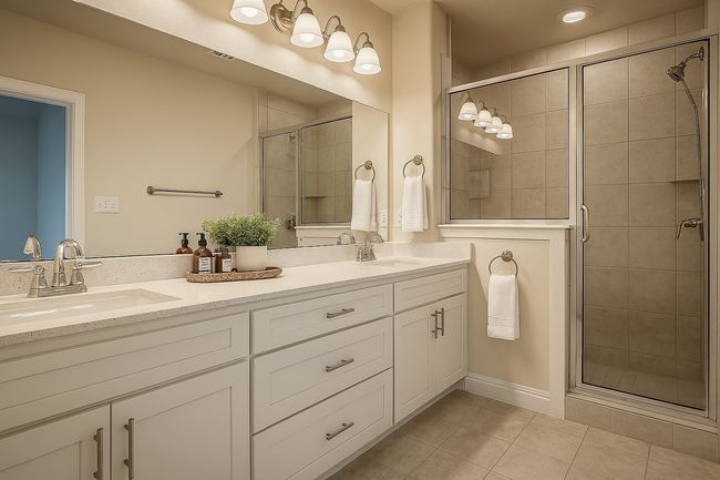 Bathroom with a shower stall, tile patterned floors, and a sink | Image 21