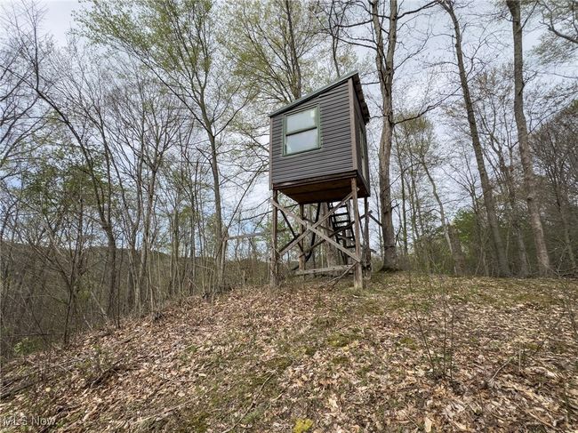 View of outdoor structure featuring stairs and a wooded view | Image 39
