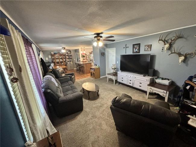 Living area with a textured ceiling, ceiling fan, carpet, and ornamental molding | Image 19