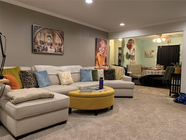 Living room featuring carpet flooring, ornamental molding, and recessed lighting | Image 4