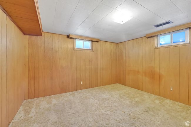 Below grade area featuring healthy amount of natural light, wooden walls, and carpet floors | Image 26