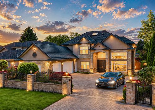Stately residence featuring a multi-gabled roofline with dark tiles, a stone and stucco facade, and an integrated three-car garage | Card Image
