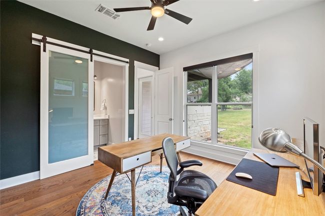 Office with a ceiling fan, wood finished floors, recessed lighting, and baseboards | Image 20
